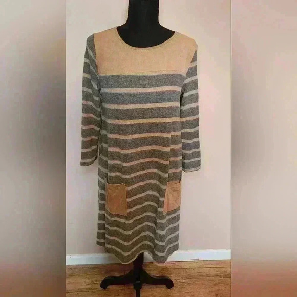 Moa Moa Sweater Dress Sz Medium Tan/Grey Striped Tan Suede Pockets Casual Flare - Picture 1 of 8